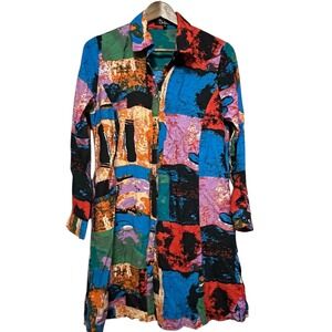 Caleoaa Abstract Print Shirt Dress Colorful Button Up Long Sleeve Size‎ S